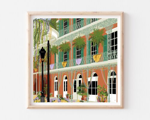 Bourbon Street in Mardi Gras New Orleans Art Print / Colourful Travel Poster / Living Room Wall Art