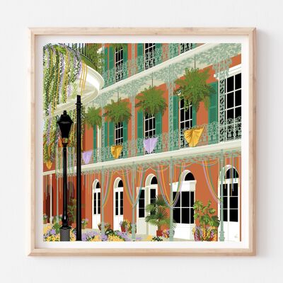 Bourbon Street en Mardi Gras Nueva Orleans Impresión de arte / Cartel de viaje colorido / Arte de la pared de la sala de estar