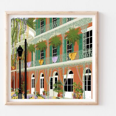 Bourbon Street in Mardi Gras New Orleans Kunstdruck / Buntes Reiseposter / Wohnzimmer Wandkunst