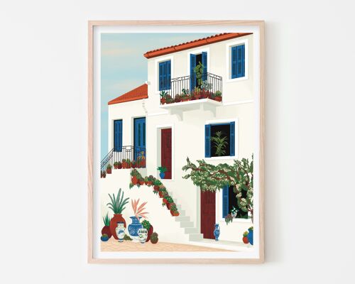 Greece Island House Art Print / White and Blue Poster / Travel Wall Art