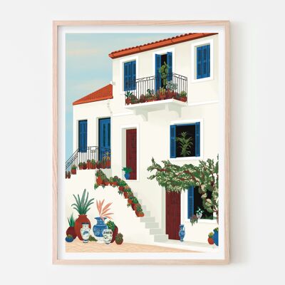 Grecia Island House Art Print / Cartel blanco y azul / Arte de pared de viaje