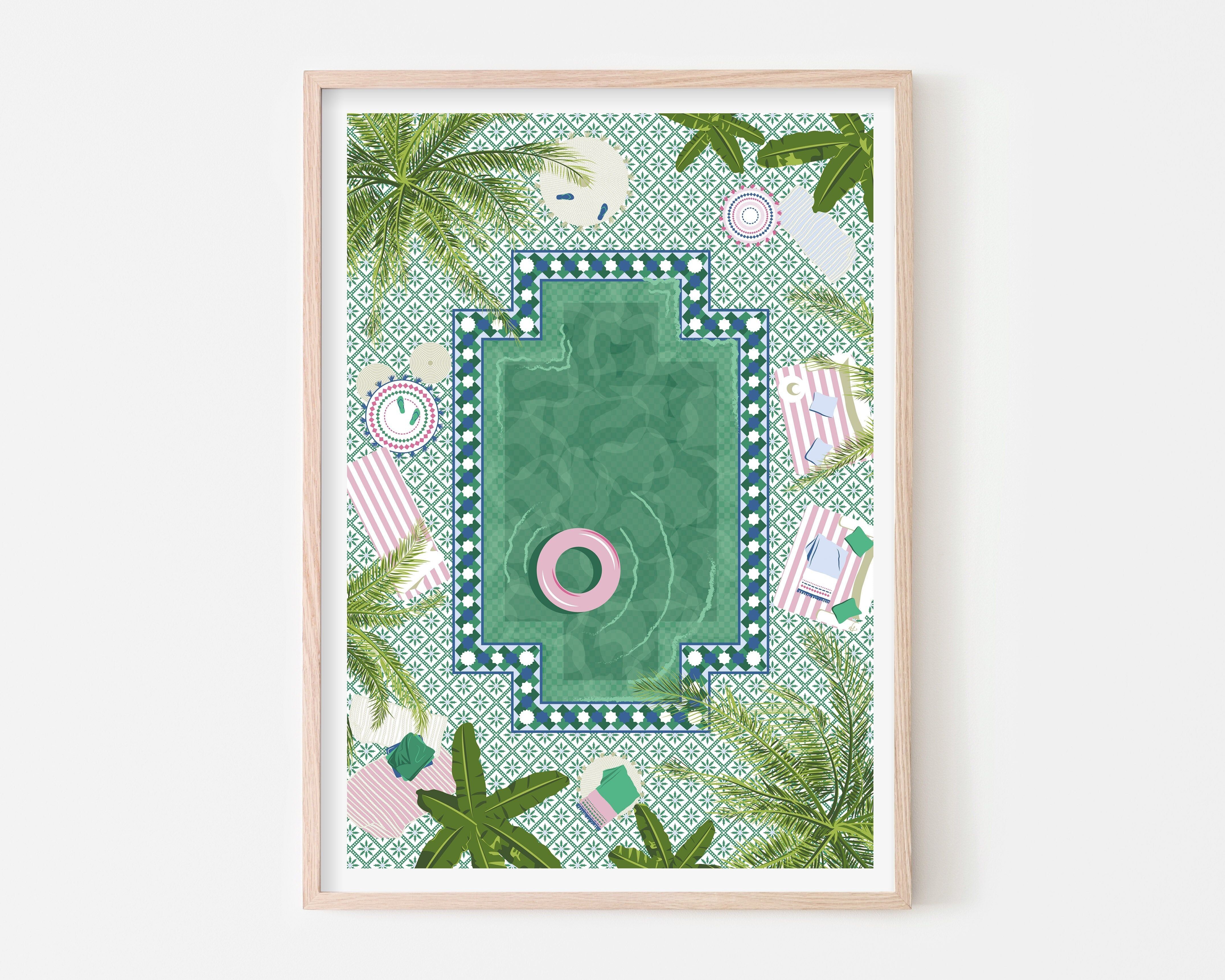 Stampa artistica con piscina in Riad in Marocco | Poster di viaggio verde | Arte murale estiva