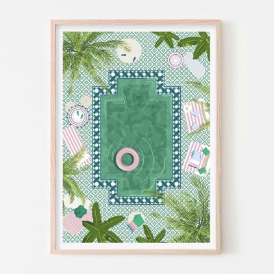 Stampa artistica della piscina del Riad del Marocco / Poster di viaggio verde / Arte della parete estiva