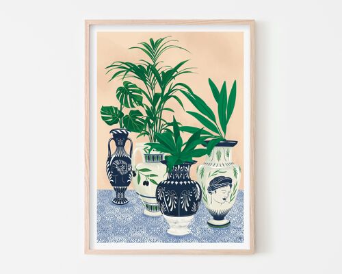 Greece Vases Art Print / Illustrated Plants Poster / Living Room Wall Art