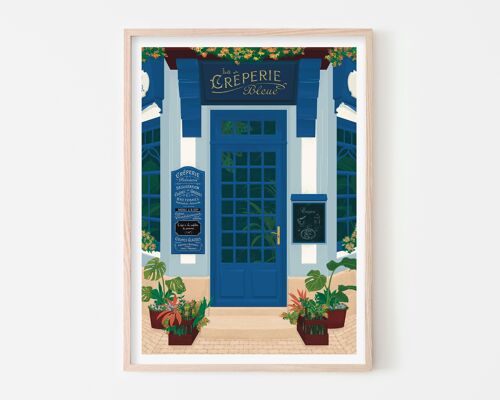 Parisian Creperie Art Print / Blue and Pink Poster / Living Room Travel Wall Art