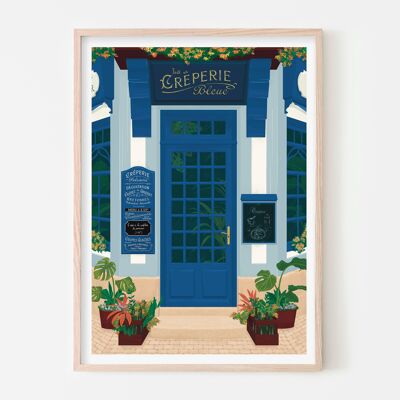 Parisian Creperie Art Print / Blue and Pink Poster / Living Room Travel Wall Art
