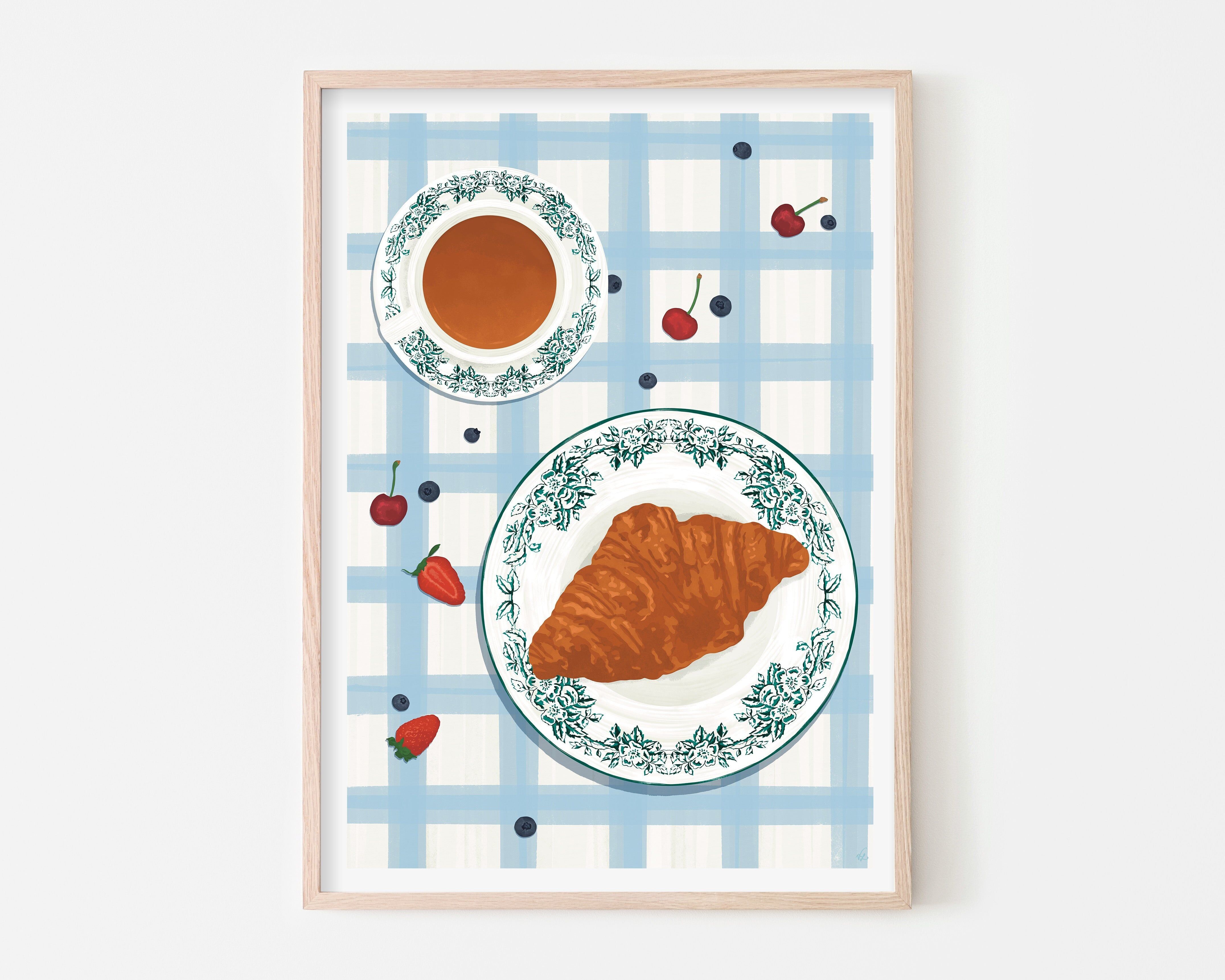 Lámina artística de croissant parisino | Póster de desayuno | Arte mural para cocina