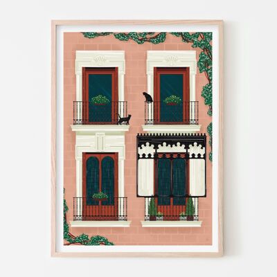 Madrid Windows Art Print / Cats and Plants Poster / Pink Bedroom Wall Art