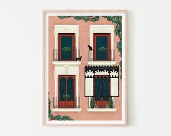 Madrid Windows Art Print / Affiche de chats et de plantes / Art mural de chambre rose 1