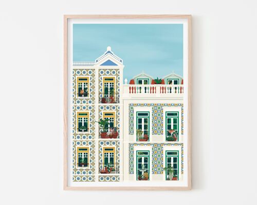 Lisbon Balconies Art Print / Colourful Portugal Poster / Light Blue Bedroom Wall Art