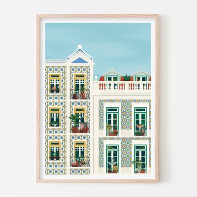 Balcones de Lisboa Impresión de arte / Cartel colorido de Portugal / Arte de pared del dormitorio azul claro