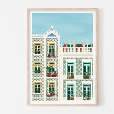 Balcones de Lisboa Impresión de arte / Cartel colorido de Portugal / Arte de pared del dormitorio azul claro