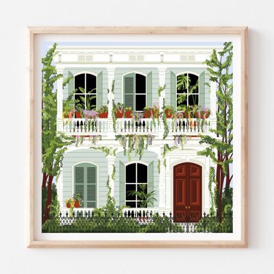 Garden District House en Nueva Orleans Impresión de arte / Cartel de viaje vibrante / Decoración de la pared de la guardería