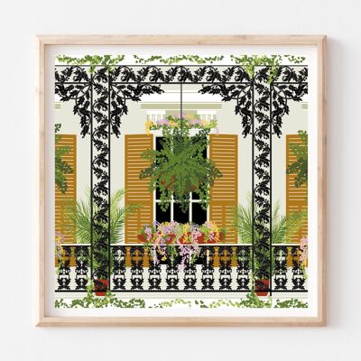 Balcón de plantas en Nueva Orleans Impresión de arte / Cartel botánico / Decoración de pared frondosa