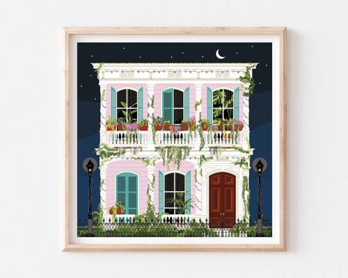 Night in New Orleans Art Print / Blue and Pink Poster / Night Bedroom Art