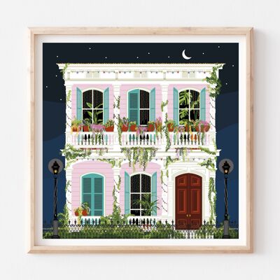 Noche en Nueva Orleans Impresión de arte / Cartel azul y rosa / Arte del dormitorio nocturno