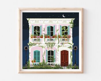 Nuit à la Nouvelle-Orléans Art Print / Affiche bleue et rose / Night Bedroom Art 1