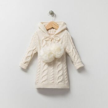 Robe de première année en tricot biologique pour fille, lot de quatre tailles, magnifique, élégante, avec pompons 2