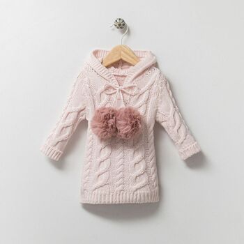 Robe de première année en tricot biologique pour fille, lot de quatre tailles, magnifique, élégante, avec pompons 3