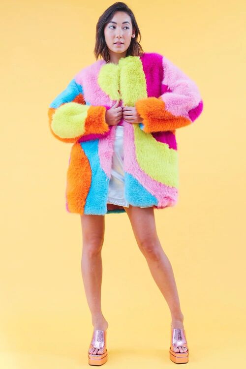 Multi-Coloured Rainbow Faux Fur Coat
