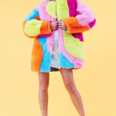 Manteau en fausse fourrure arc-en-ciel multicolore