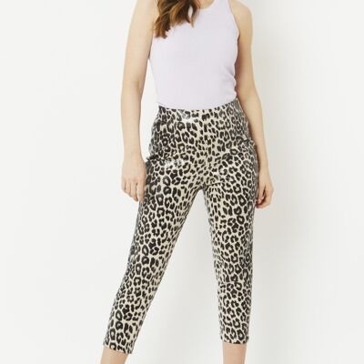 Pantaloni in finta pelle scamosciata con stampa leopardata grigia