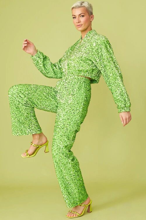 Green Bamboo Blend Sequin Trousers
