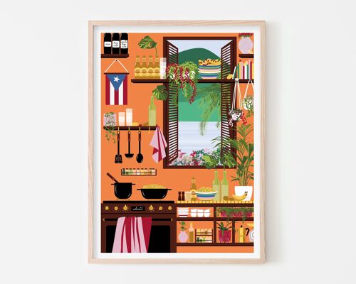 Puerto Rican Kitchen Art Print / Orange Cooking Poster / Latin Wall Decor