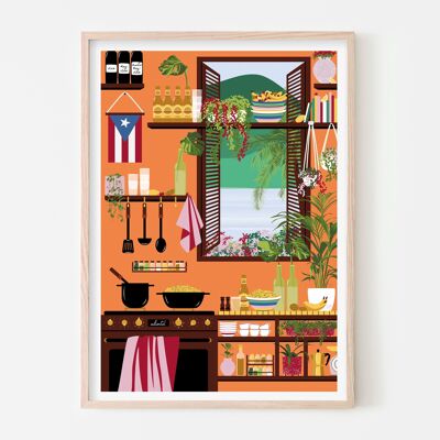 Impresión de arte de cocina puertorriqueña / Cartel de cocina naranja / Decoración de pared latina