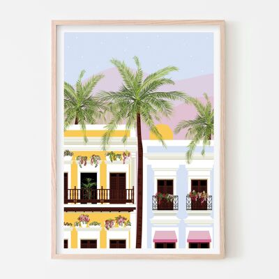 Stampa artistica del tramonto portoricano/Poster latino tropicale/Decorazione da parete per vivaio pastello