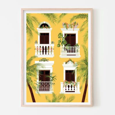 Impression d’art des balcons portoricains / Affiche jaune tropicale / Décoration murale latine