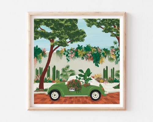 Green VW Beetle Taxi With Plants Art Print