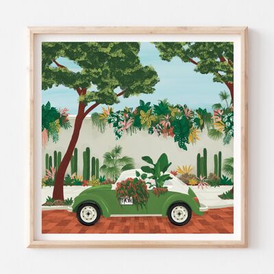 Grünes VW Käfer Taxi mit Pflanzen Kunstdruck