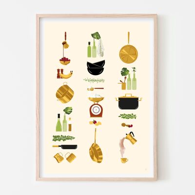 Stampa artistica di utensili da cucina e ingredienti