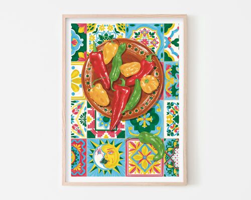 Chillis Over Mexican Tiles Art Print