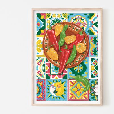 Chillis Over Mexican Tiles Art Print