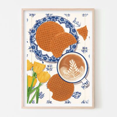 Stroopwafel su piastrelle olandesi di Delft Stampa artistica per pausa caffè