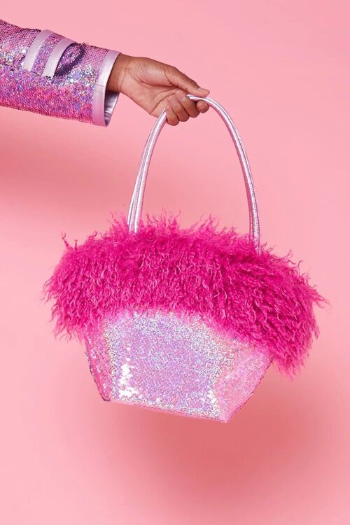 Pink Bamboo Sequin Faux Fur Bag