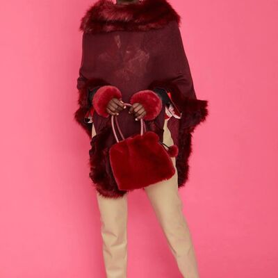 Red Faux Fur Pom-Pom Drawstring Bucket Bag
