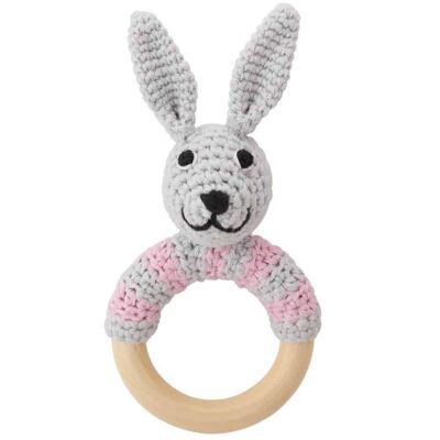 Crocheted clutching toy rabbit BOBBY in pink