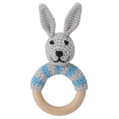 Crocheted grasping toy bunny BOBBY in blue