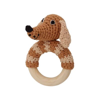Crocheted grabbing toy dog LUCKY in brown