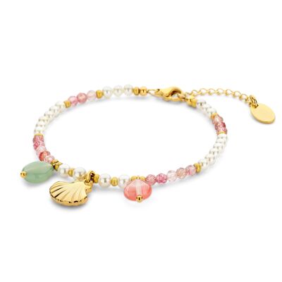 CO88 bracelet pearls and pink jade stones and shell charm 16,5+3cm