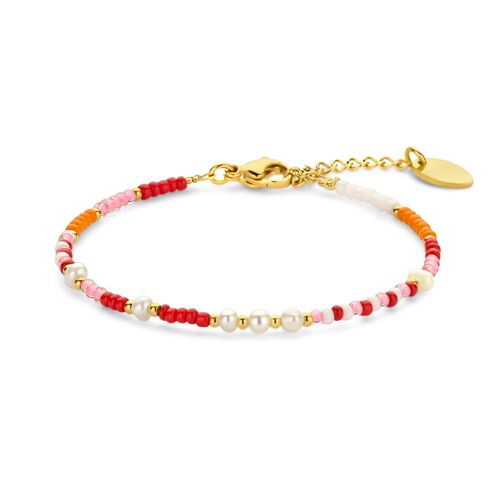 CO88 bracelet red orange pink beads and pearls 16,5and3cm