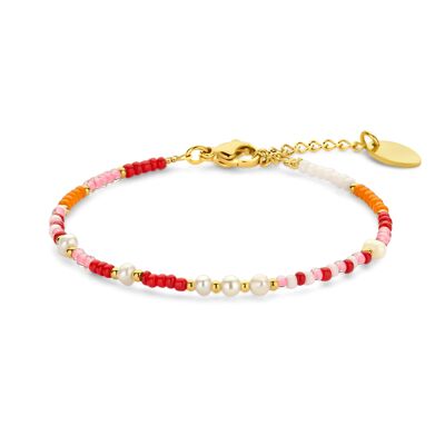 CO88 bracelet red orange pink beads and pearls 16,5and3cm