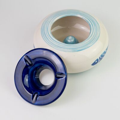 Ceramic ashtray 15cm, anti-odor / Blue and white fish design - TUNA