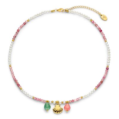 CO88 Halskette Perlen und rosa Jadesteine ​​Muschelanhänger