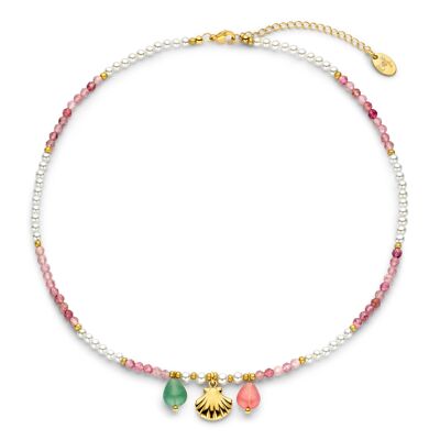 CO88 collier perles et pierres de jade rose breloque coquillage