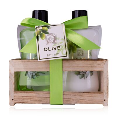 Duschset Frauen Geschenkset OLIVE in schöner Holzbox – 2-teiliges Pflegeset