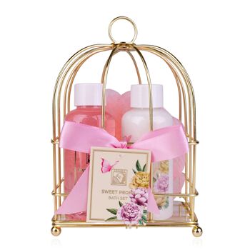 Set de douche coffret cadeau femme SWEET PEONY dans un joli panier en fil métallique - set de soins 3 pièces